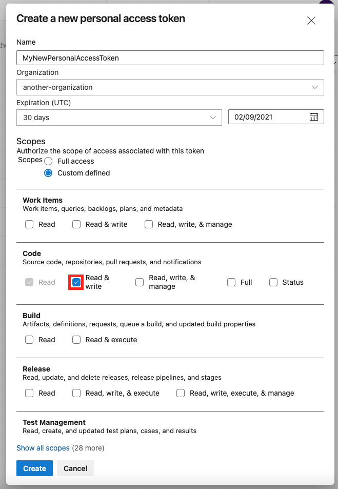 Creating a new personal access token in Azure DevOps