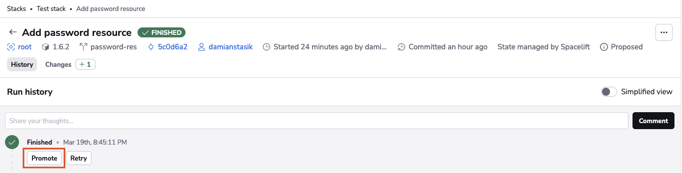 Promote a proposed run within Spacelift using the Promote button.