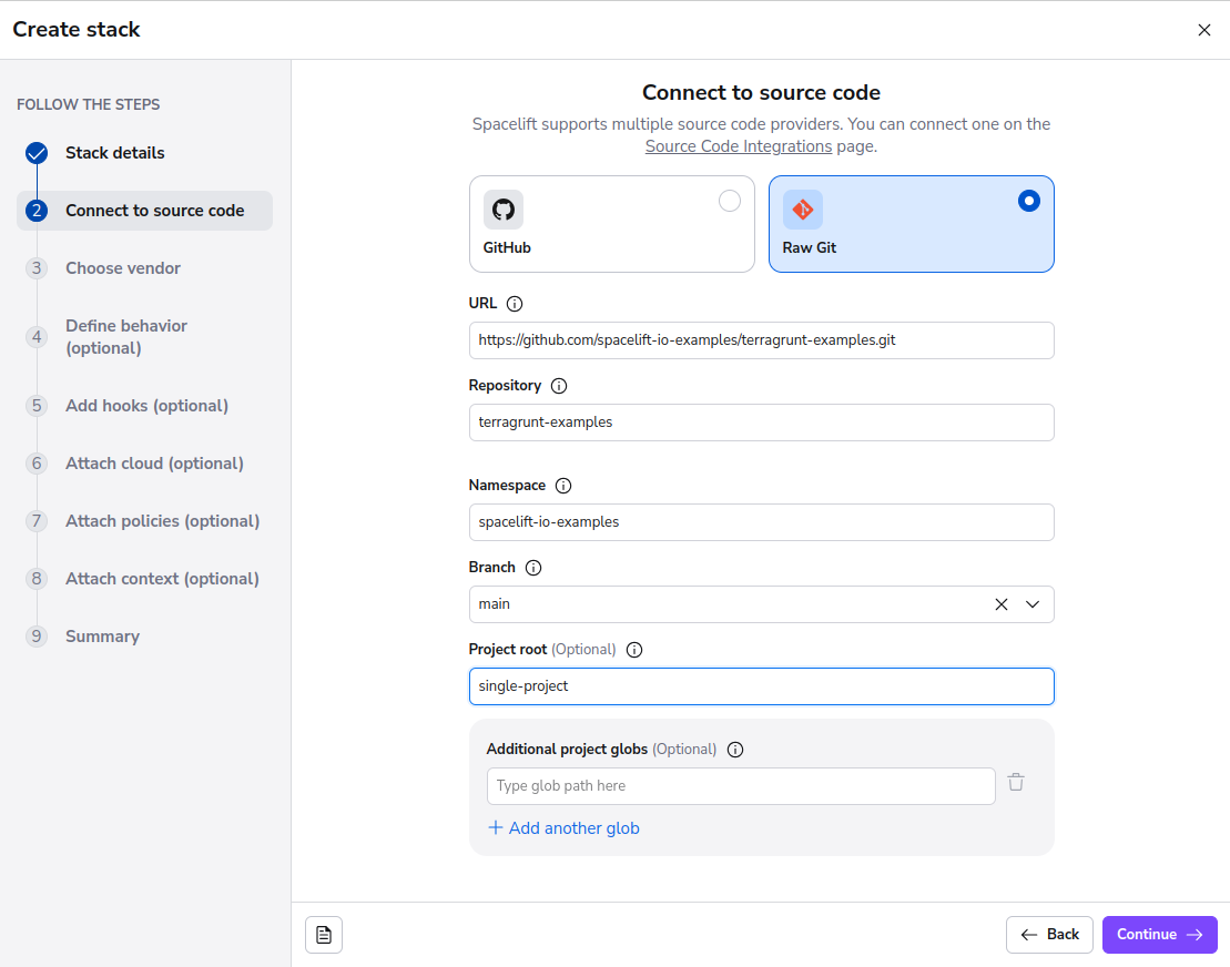 Stack Creation - Connect to source code